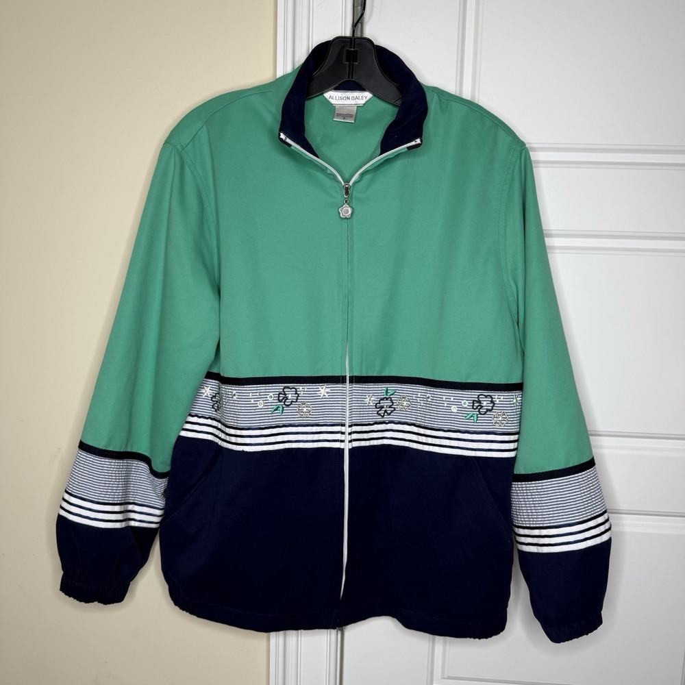 Vintage Allison Daley Retro Zip Jacket Women's Size 8 Seersucker Embroidered
